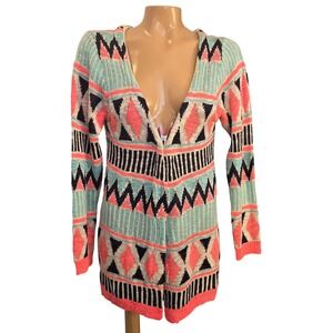 LLove Retro 80s USA Geometric Aztec Tribal Print Open Front Cardigan Sweater Med
